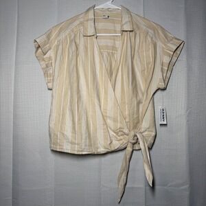 NWT Old Navy Womens Tan White Striped Wrap Side Tie Short Sleeve Blouse Size M